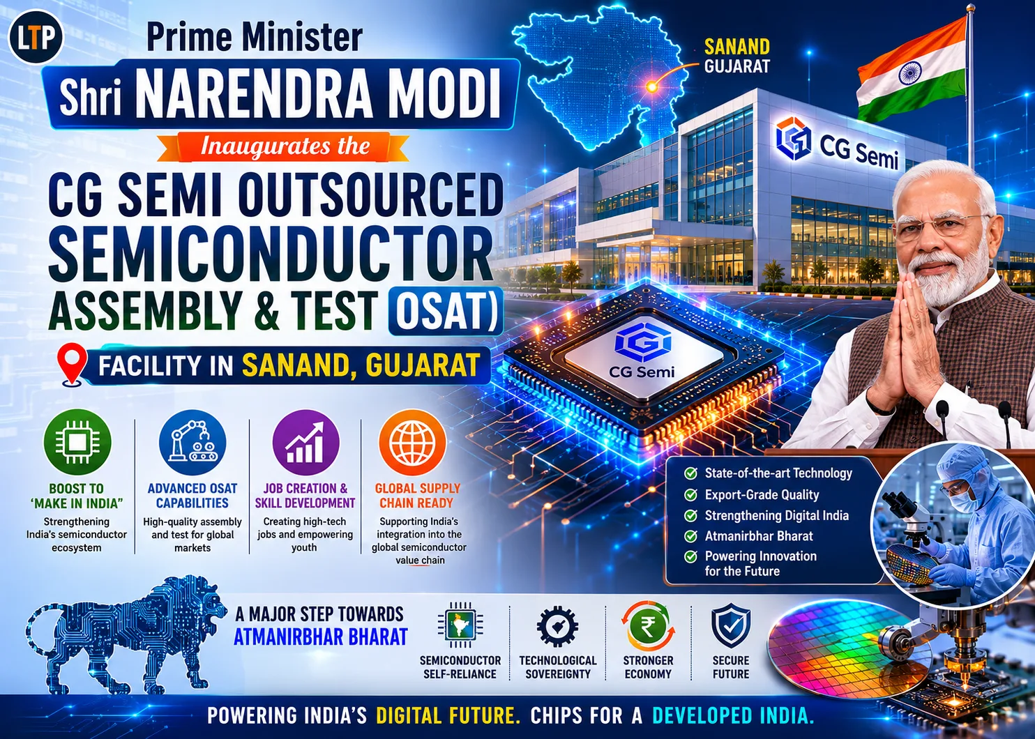 Prime Minister Shri Narendra Modi inaugurates the CG Semi Outsourced Semiconductor Assembly and Test (OSAT) facility in Sanand, Gujarat